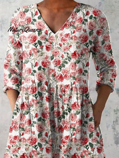 Watercolor French Rose Pattern Printed Women's Casual Linen V-Neck Shirt