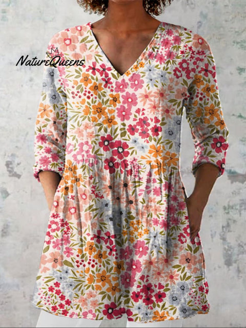 Vibrant Summer Floral Pattern Printed Women's Casual Linen V-Neck Shirt