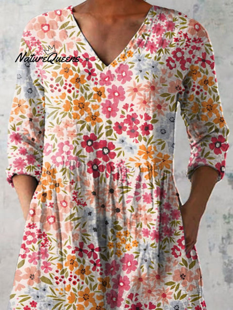 Vibrant Summer Floral Pattern Printed Women's Casual Linen V-Neck Shirt