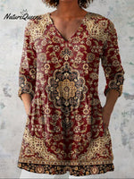 Vintage Ethnic Pattern Printed Women's Casual Linen V-Neck Shirt