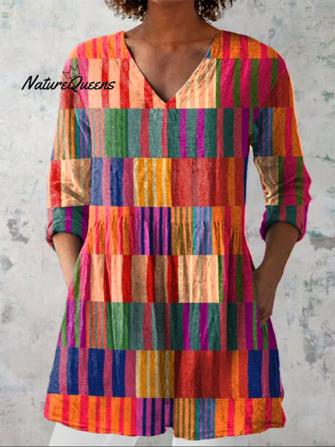 Modern Colorful Geometric Pattern Printed Women's Casual Linen V-Neck Shirt