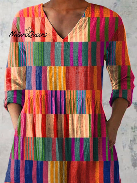 Modern Colorful Geometric Pattern Printed Women's Casual Linen V-Neck Shirt