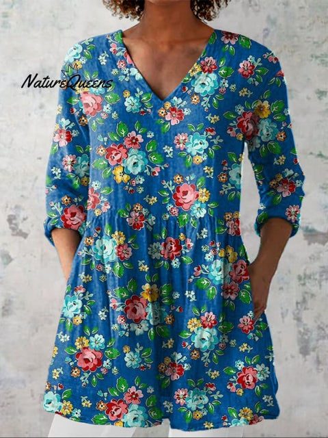 Summer French Rose Pattern Printed Women's Casual Linen V-Neck Shirt