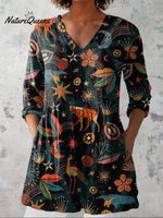 Midnight Woodland Pattern Printed Women's Casual Linen V-Neck Shirt