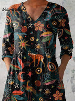 Midnight Woodland Pattern Printed Women's Casual Linen V-Neck Shirt