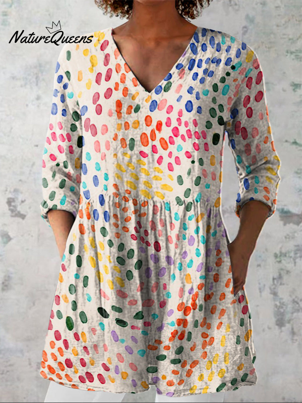 Watercolor Polka Dot Pattern Printed Women's Casual Linen V-Neck Shirt
