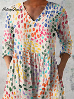 Watercolor Polka Dot Pattern Printed Women's Casual Linen V-Neck Shirt