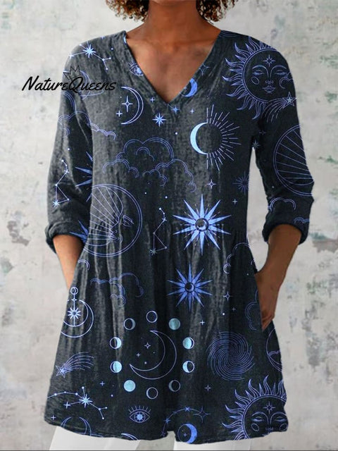 Celestial Moon And Star Pattern Printed Women's Casual Linen V-Neck Shirt