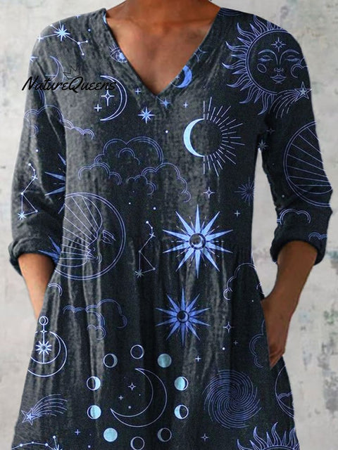 Celestial Moon And Star Pattern Printed Women's Casual Linen V-Neck Shirt