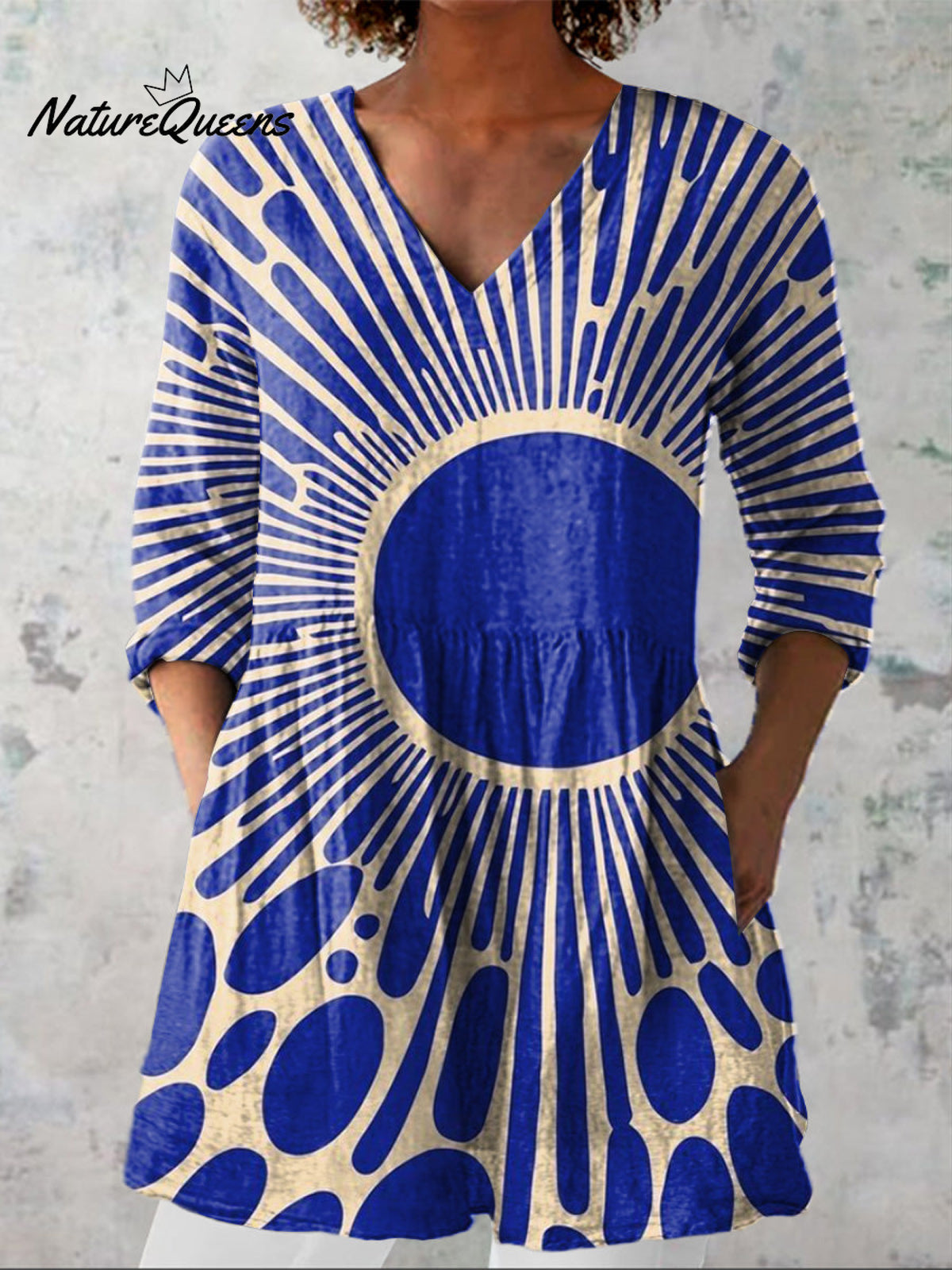 Modern Geometric Art Printed Women's Casual Linen V-Neck Shirt