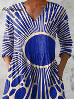 Modern Geometric Art Printed Women's Casual Linen V-Neck Shirt