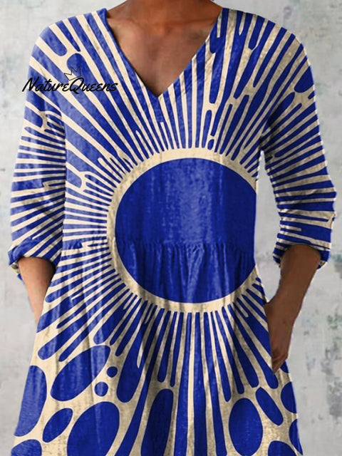 Modern Geometric Art Printed Women's Casual Linen V-Neck Shirt