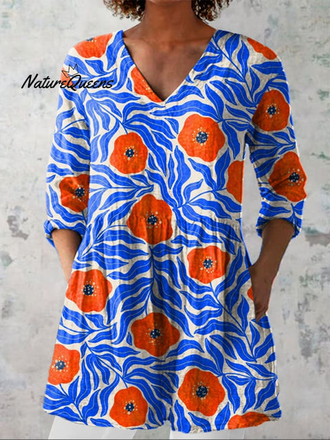 Watercolor Poppy Pattern Printed Women's Casual Linen V-Neck Shirt