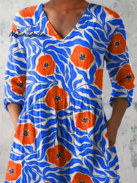 Watercolor Poppy Pattern Printed Women's Casual Linen V-Neck Shirt