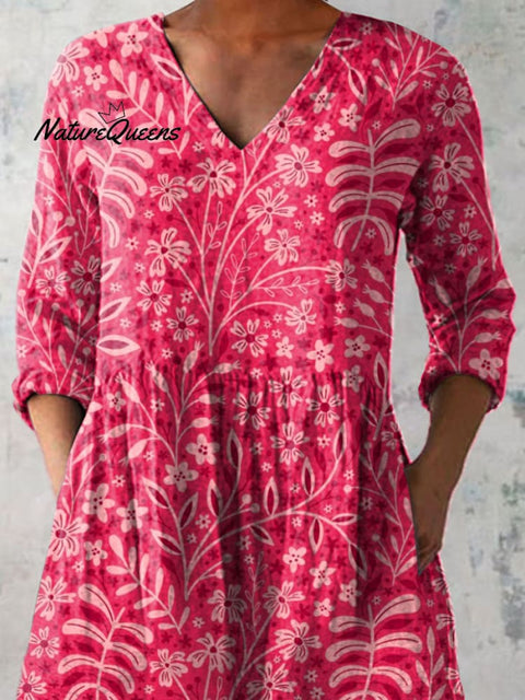 Sweet Pink Meadows Floral Pattern Printed Women's Casual Linen V-Neck Shirt