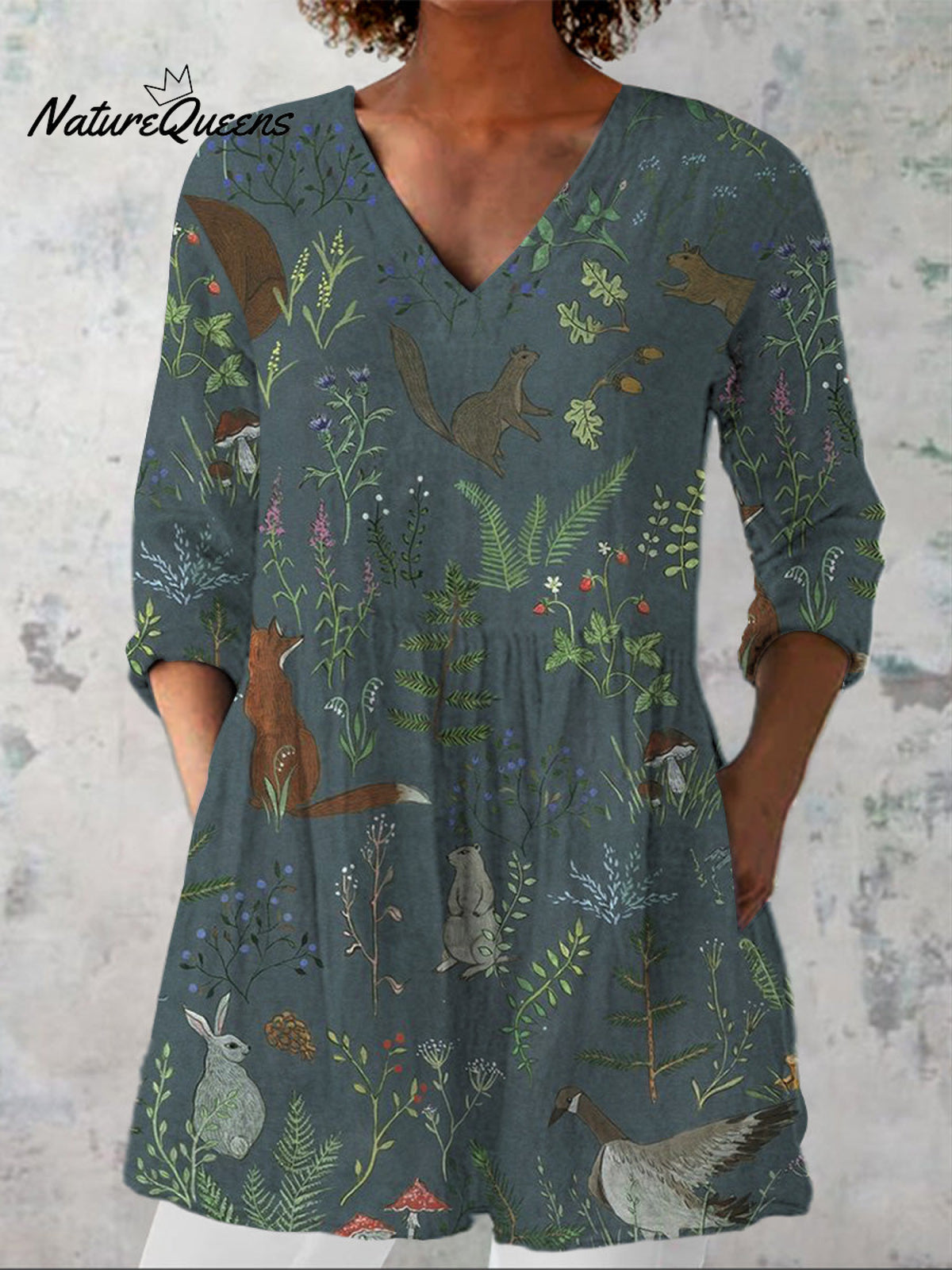 Tranquil Woodland Pattern Printed Women's Casual Linen V-Neck Shirt