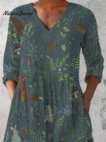 Tranquil Woodland Pattern Printed Women's Casual Linen V-Neck Shirt