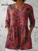 Summer Tropical Botanic Pattern Printed Women's Casual Linen V-Neck Shirt