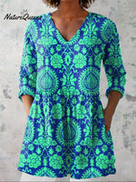 Vibrant Summer Ethnic Pattern Printed Women's Casual Linen V-Neck Shirt