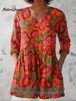 Ethnic Style Summer Floral Pattern Printed Women's Casual Linen V-Neck Shirt