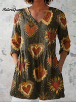 Retro Heart Repeat Pattern Printed Women's Casual Linen V-Neck Shirt