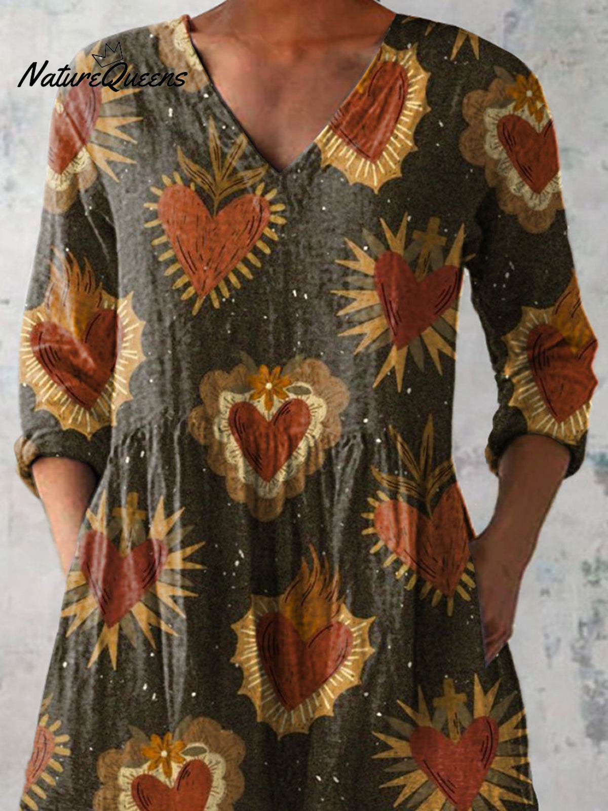 Retro Heart Repeat Pattern Printed Women's Casual Linen V-Neck Shirt