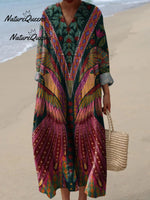 Summer Tropical Bird Symmetrical Pattern Printed Women's Casual Linen V-Neck Shirt