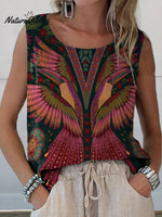 Summer Tropical Bird Symmetrical Pattern Printed Women's CasualCotton And Linen Tank Top