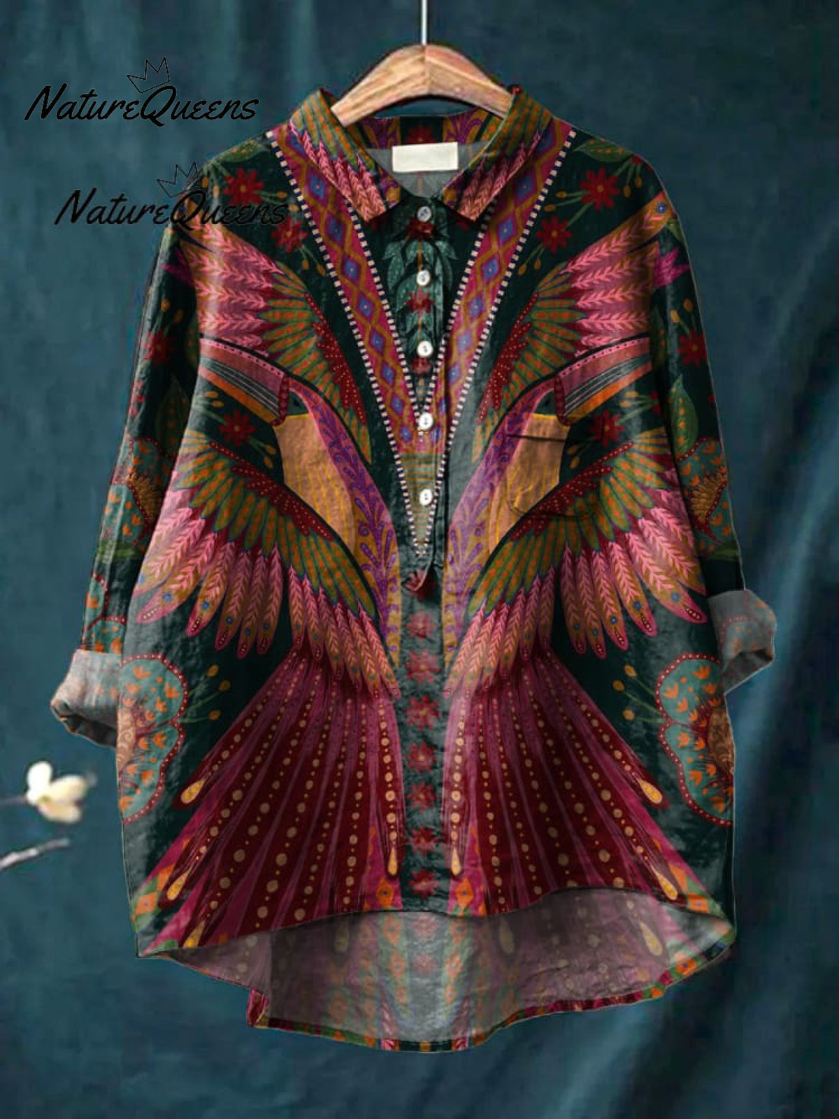 Summer Tropical Bird Symmetrical Pattern Printed Women's Casual Linen V-Neck Shirt