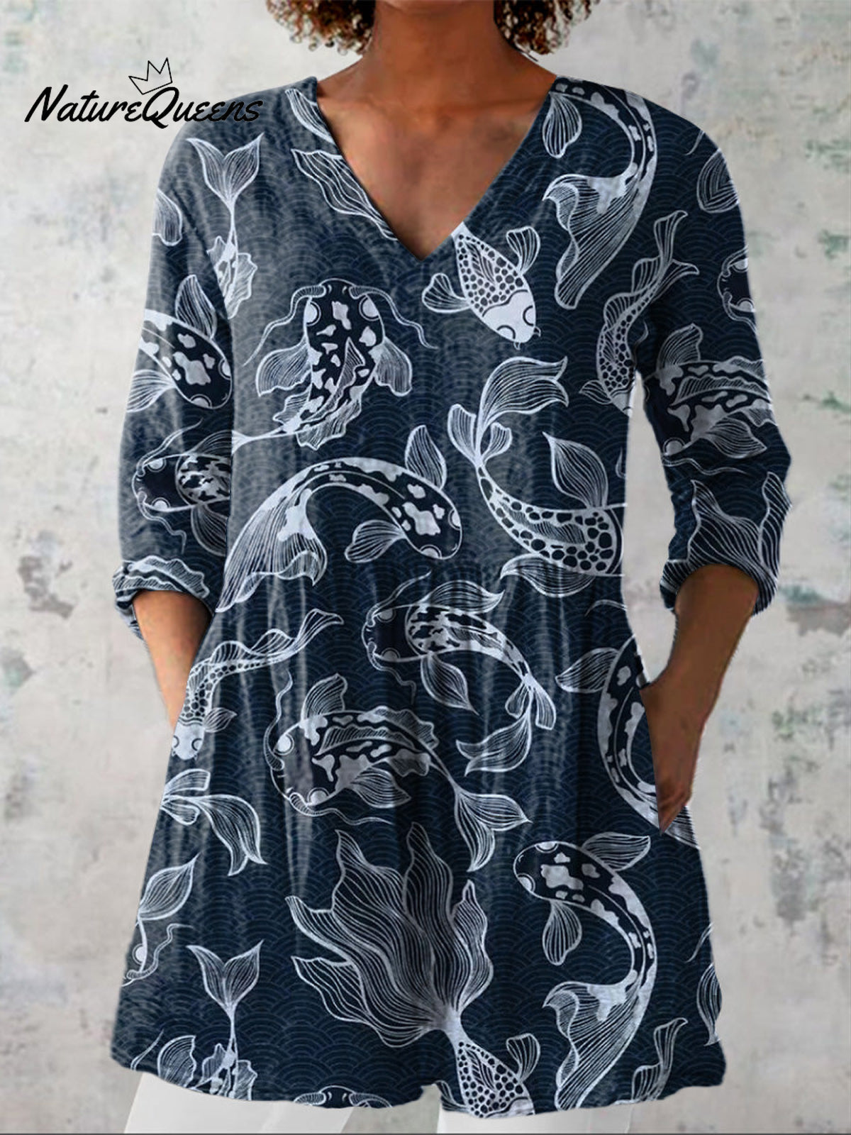 Japanese Koi Fish Pattern Printed Women's Casual Linen V-Neck Shirt