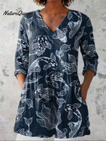 Japanese Koi Fish Pattern Printed Women's Casual Linen V-Neck Shirt