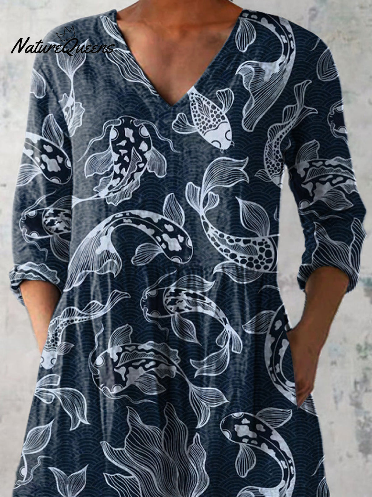 Japanese Koi Fish Pattern Printed Women's Casual Linen V-Neck Shirt