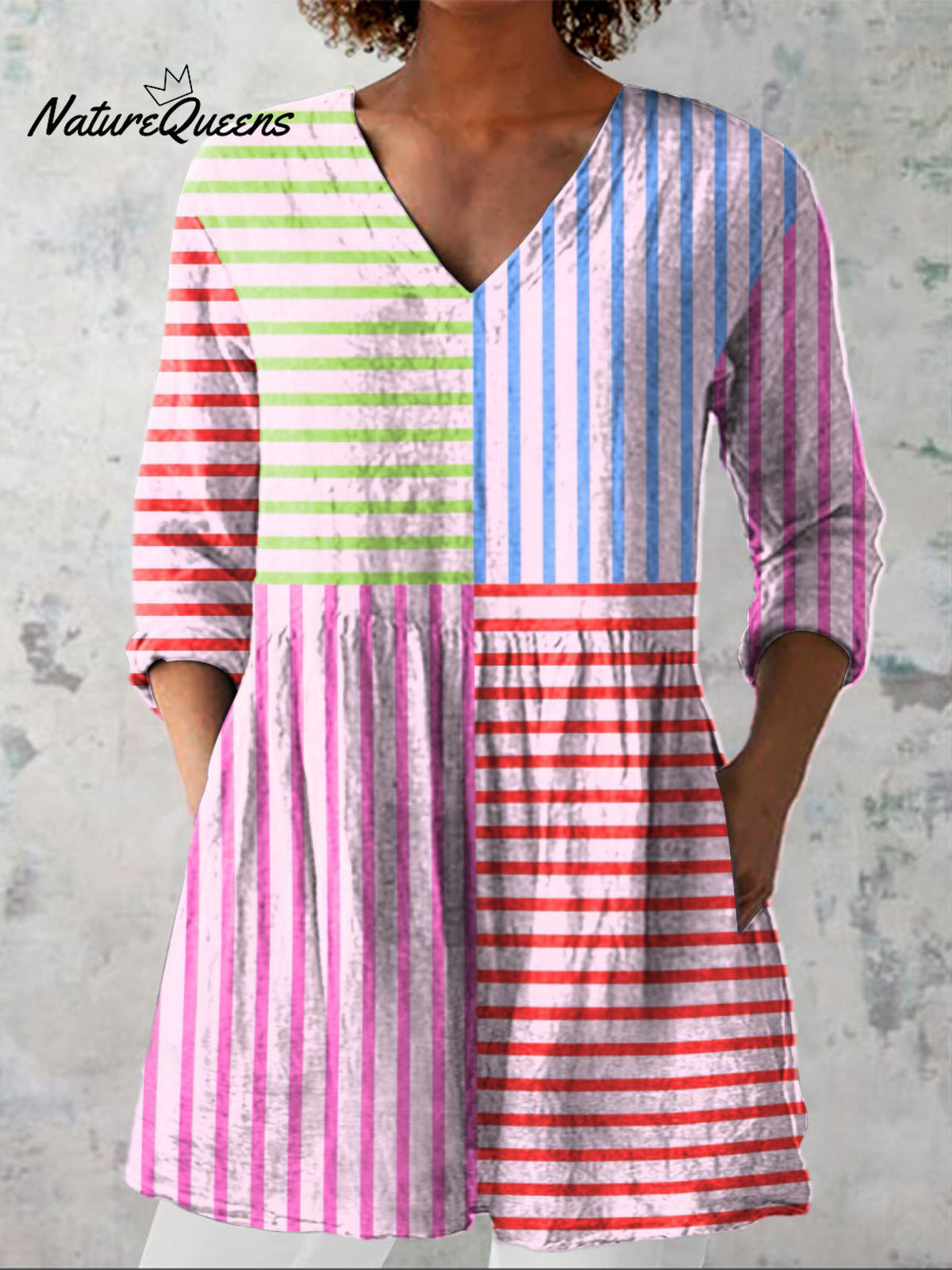 Multicolor Geometric Strip Pattern Printed Women's Casual Linen V-Neck Shirt