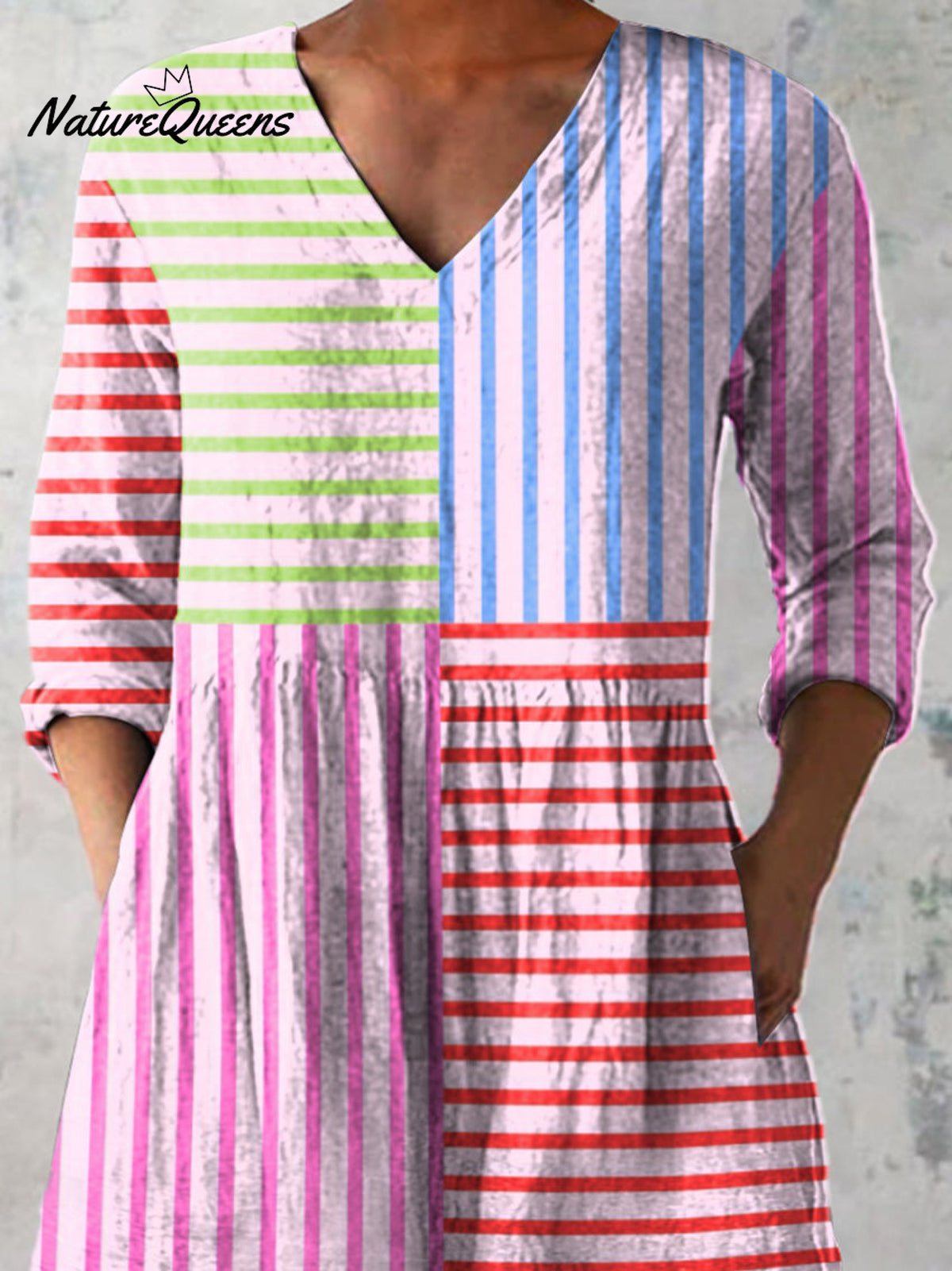 Multicolor Geometric Strip Pattern Printed Women's Casual Linen V-Neck Shirt