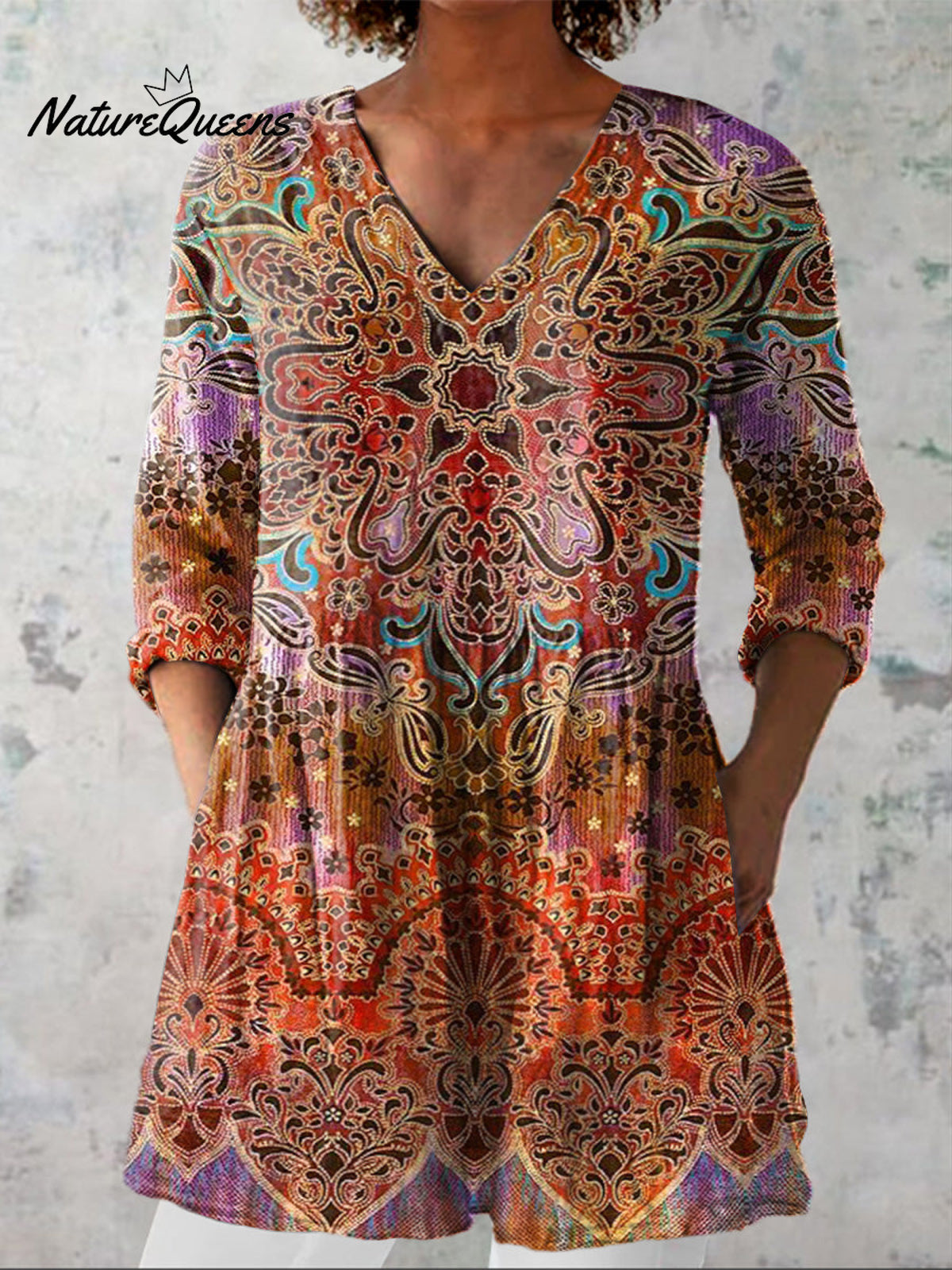 Summer Boho Pattern Printed Women's Casual Linen V-Neck Shirt
