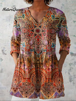 Summer Boho Pattern Printed Women's Casual Linen V-Neck Shirt