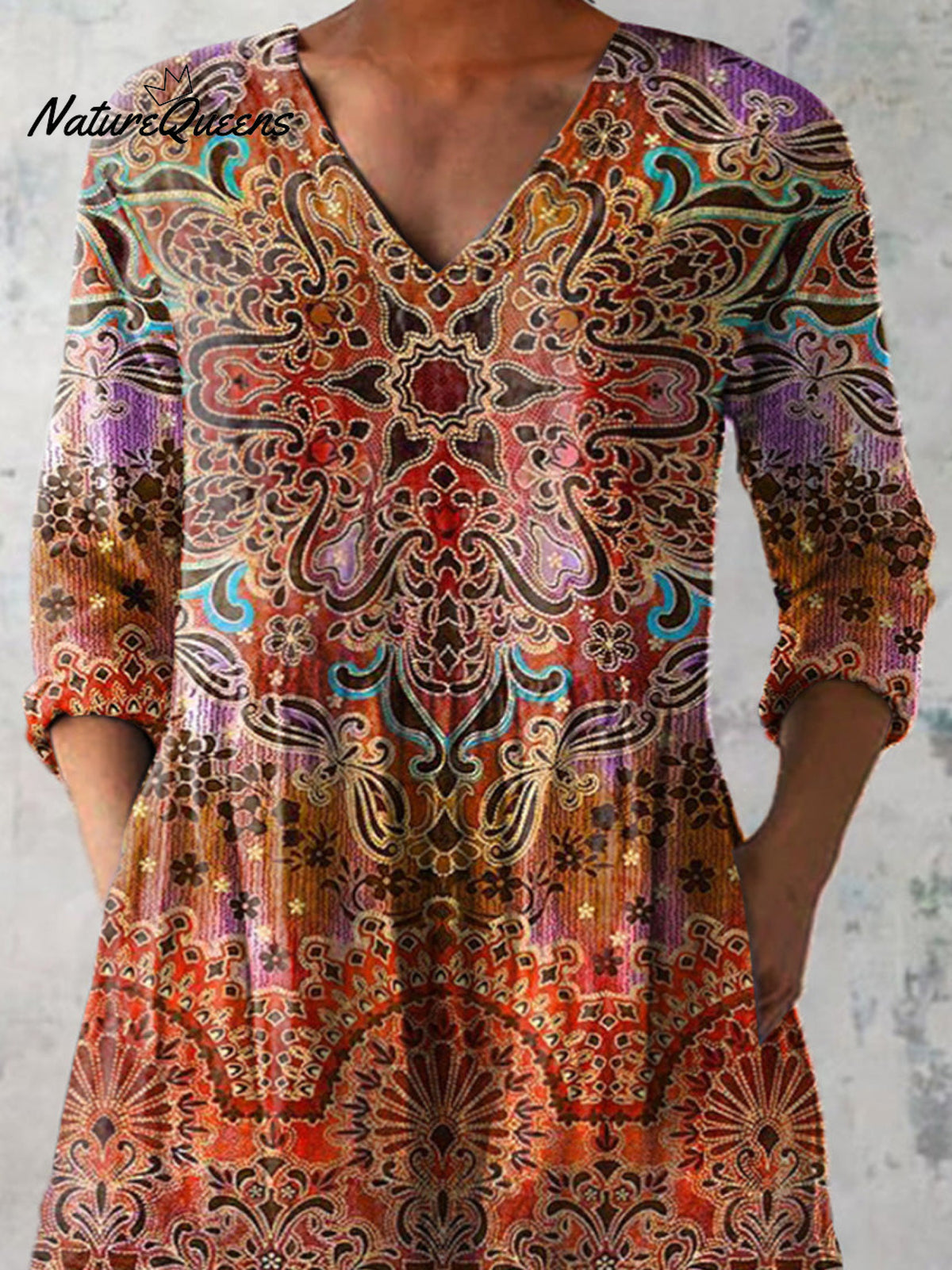 Summer Boho Pattern Printed Women's Casual Linen V-Neck Shirt