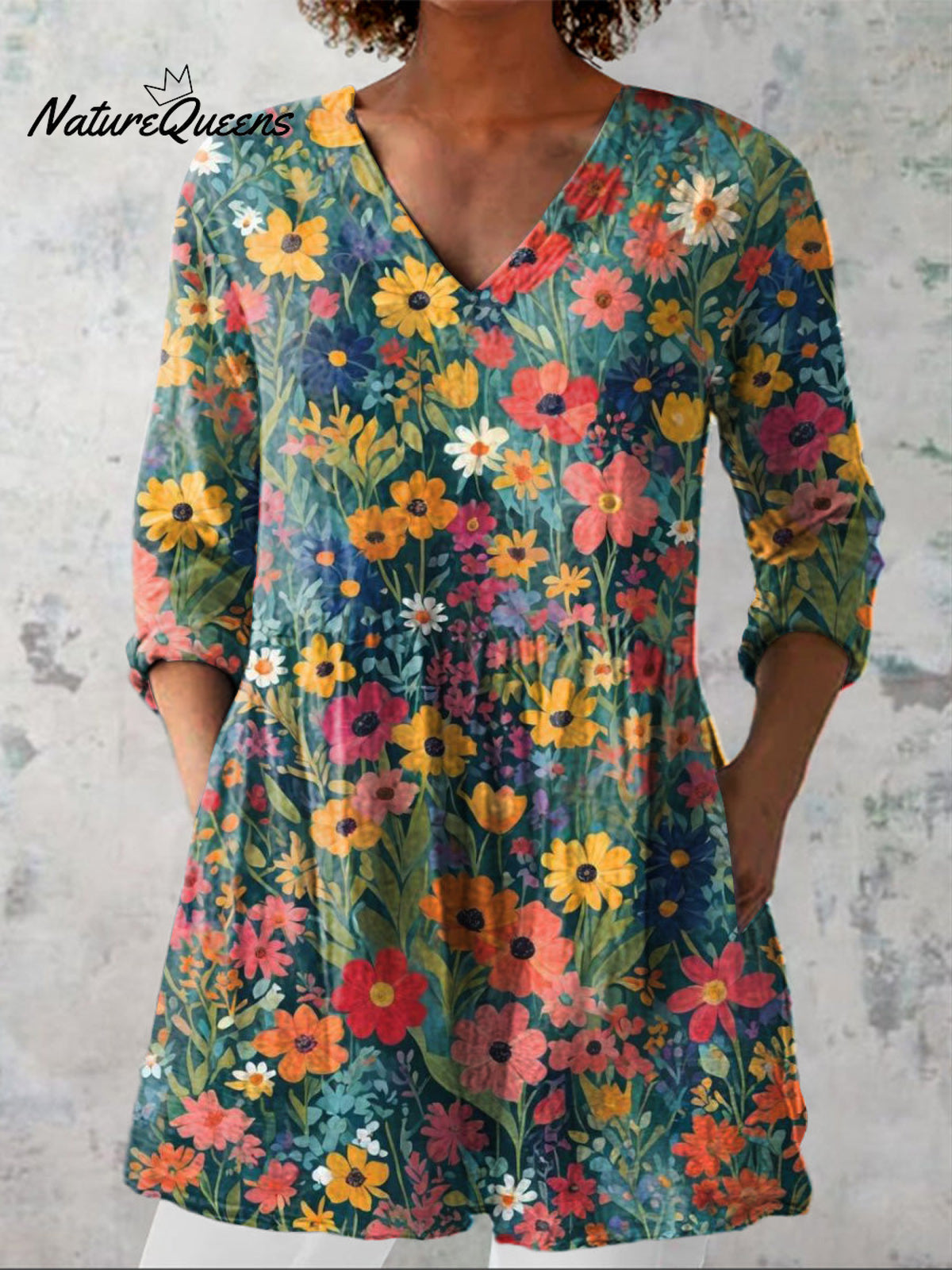 Oil Painting Summer Floral Pattern Printed Women's Casual Linen V-Neck Shirt