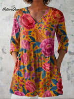 Tropical Jungle Pattern Printed Women's Casual Linen V-Neck Shirt