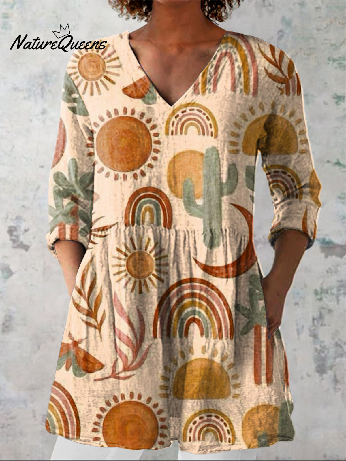 Watercolor Arizona Desert Pattern Printed Women's Casual Linen V-Neck Shirt