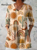 Watercolor Arizona Desert Pattern Printed Women's Casual Linen V-Neck Shirt