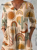 Watercolor Arizona Desert Pattern Printed Women's Casual Linen V-Neck Shirt