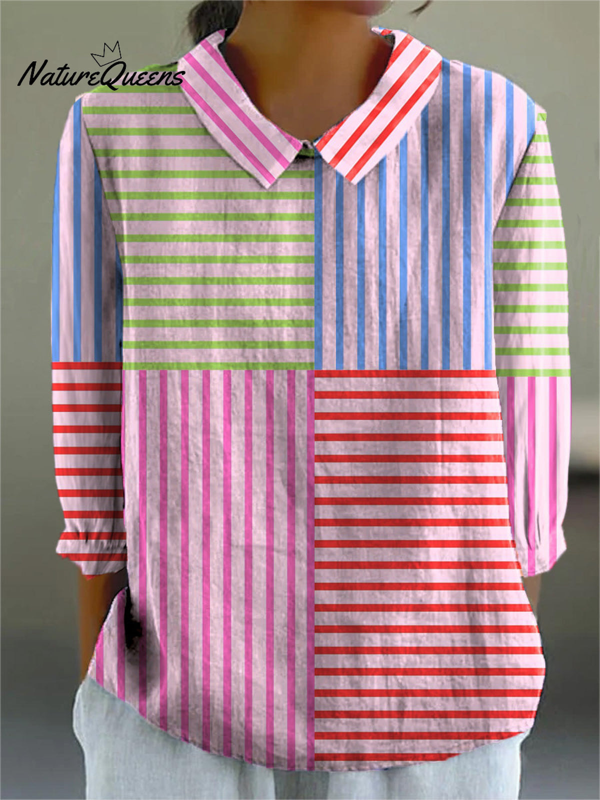 Multicolor Geometric Strip Pattern Printed Women's Casual Cotton And Linen 3/4 Sleeve Shirt