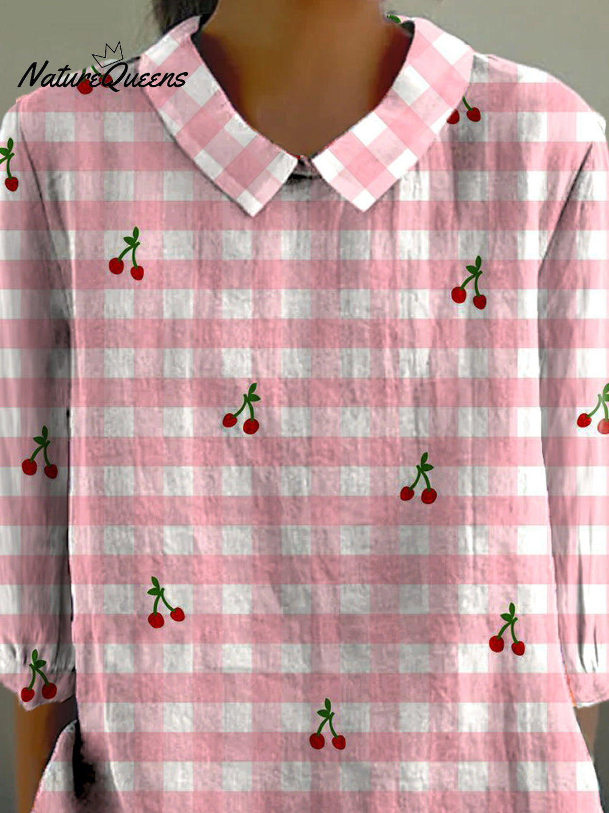 Lovely Summer Cherry And Plaid Pattern Printed Women's Casual Cotton And Linen 3/4 Sleeve Shirt