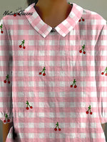 Lovely Summer Cherry And Plaid Pattern Printed Women's Casual Cotton And Linen 3/4 Sleeve Shirt