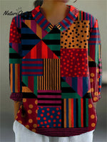 Multicolor Geometric Pattern Printed Women's Casual Cotton And Linen 3/4 Sleeve Shirt