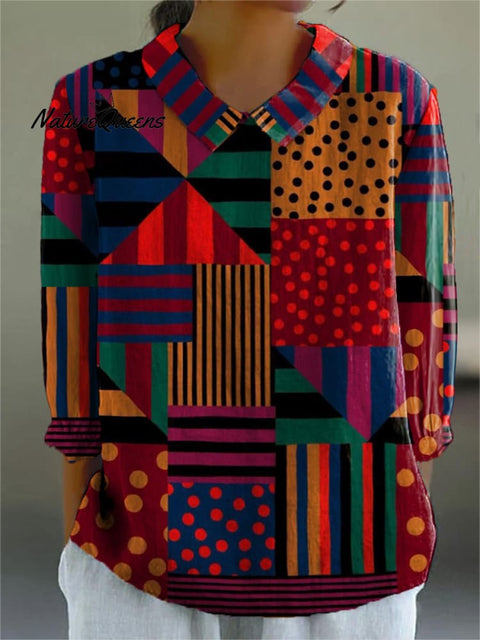 Multicolor Geometric Pattern Printed Women's Casual Cotton And Linen 3/4 Sleeve Shirt