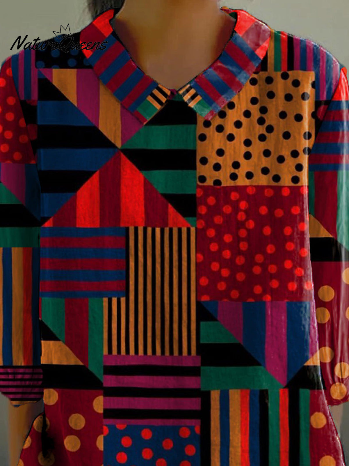 Multicolor Geometric Pattern Printed Women's Casual Cotton And Linen 3/4 Sleeve Shirt