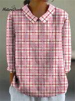 Lovely Plaid Pattern Printed Women's Casual Cotton And Linen 3/4 Sleeve Shirt