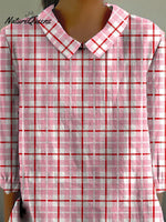 Lovely Plaid Pattern Printed Women's Casual Cotton And Linen 3/4 Sleeve Shirt